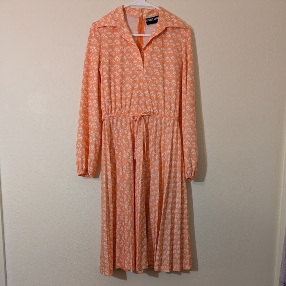 VTG 70/80s Strait Lane Floral Collared Dress Long‎ Sleeve Pleated Skirt Medium